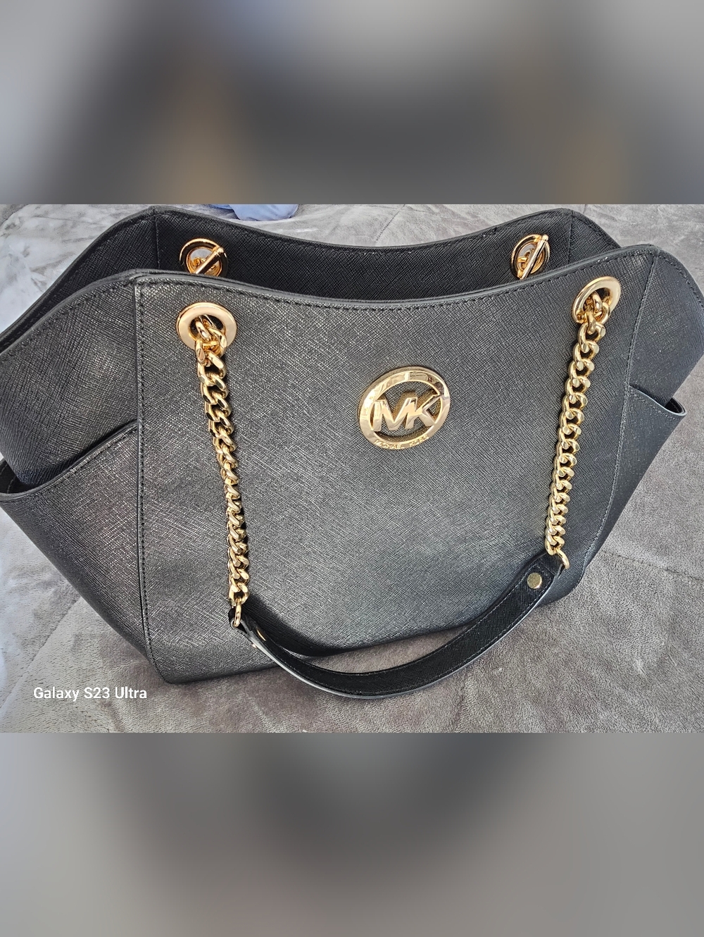 Michael Kors Black Saffiano Shoulder Bag with Gold Chain